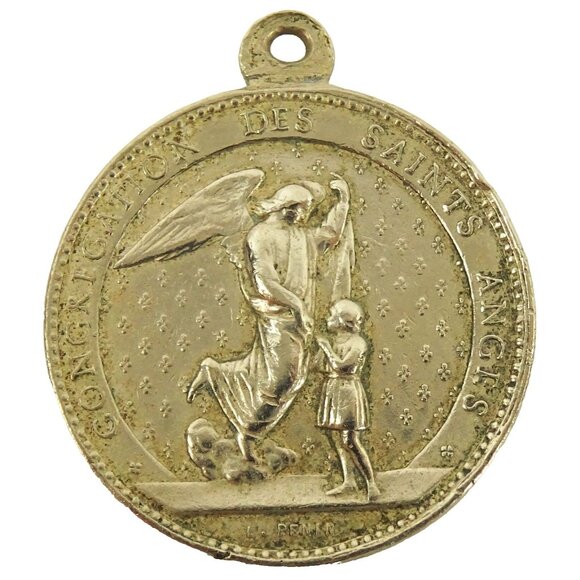 St Michael Vintage Medal Pendant Guardian Angel French Latin Penin - Picture 2 of 3